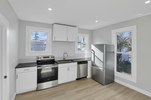 kitchen with a wealth of natural light, sink, white cabinets, and appliances with stainless steel finishes