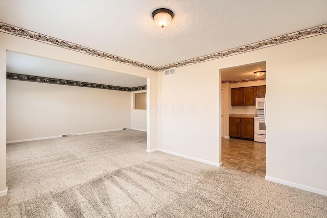 unfurnished room featuring light colored carpet and a textured ceiling