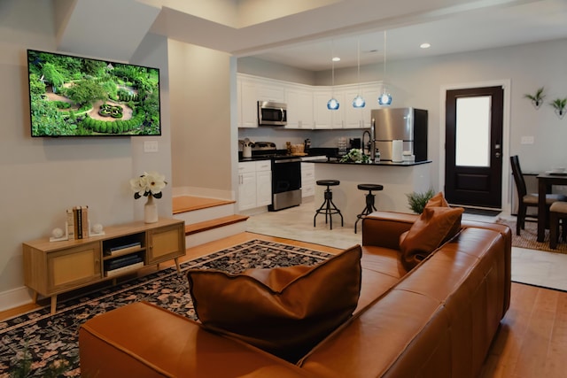 living room featuring light hardwood / wood-style flooring and sink