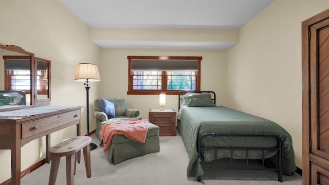 bedroom with light colored carpet