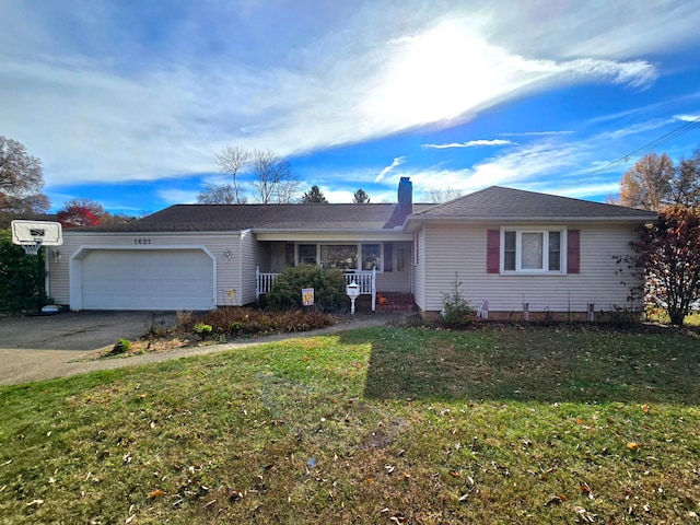 single story home with a porch, a garage, and a front lawn