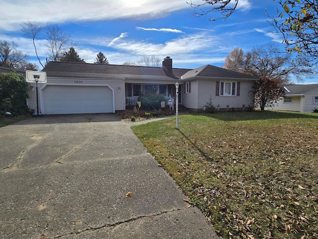 single story home featuring covered porch, a garage, and a front lawn