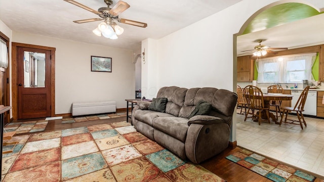 living room featuring ceiling fan