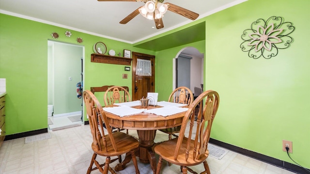 dining room featuring ceiling fan and crown molding