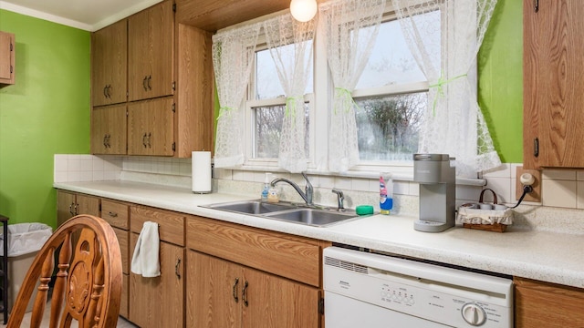 kitchen featuring backsplash, white dishwasher, a wealth of natural light, and sink