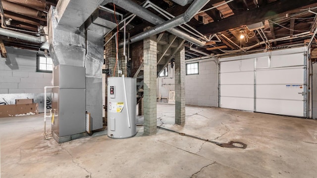 basement with heating unit and water heater