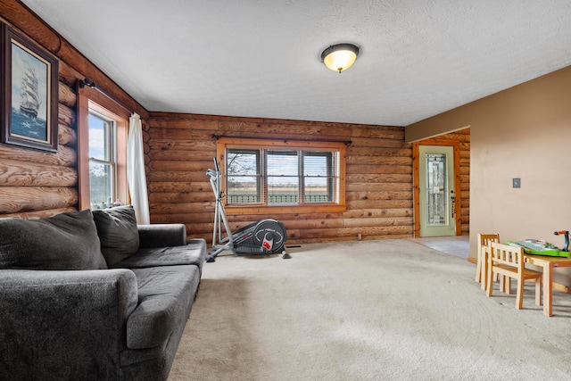 living room featuring carpet flooring, rustic walls, and a healthy amount of sunlight