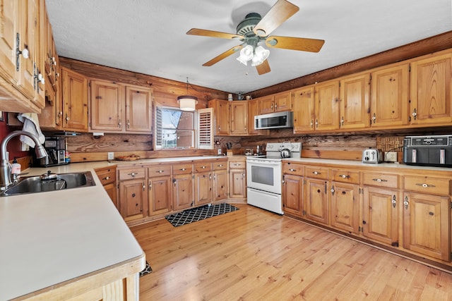 kitchen with ceiling fan, sink, tasteful backsplash, light hardwood / wood-style floors, and electric stove