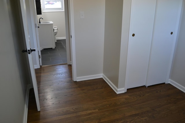 hall featuring sink and dark wood-type flooring