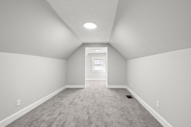 additional living space featuring a textured ceiling, carpet floors, and vaulted ceiling