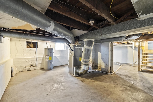 basement with heating unit and water heater