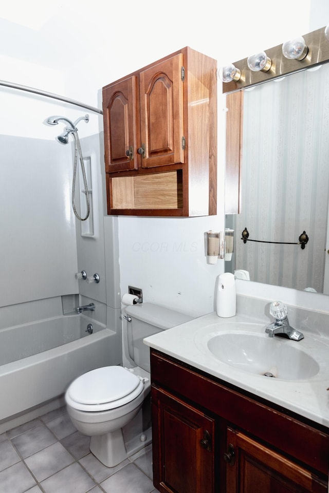 full bathroom with vanity, toilet, bathing tub / shower combination, and tile patterned flooring