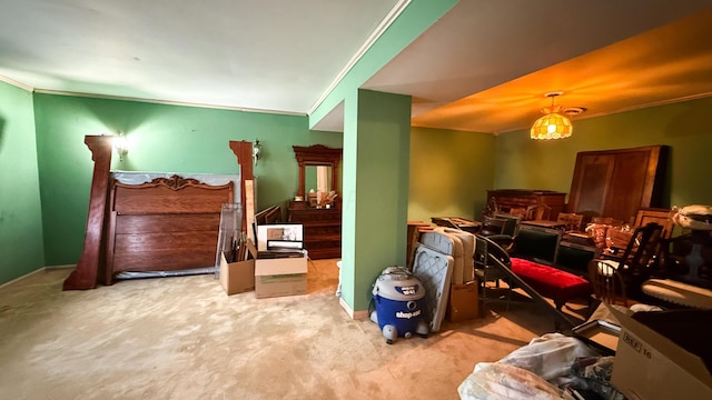 bedroom with light colored carpet and ornamental molding