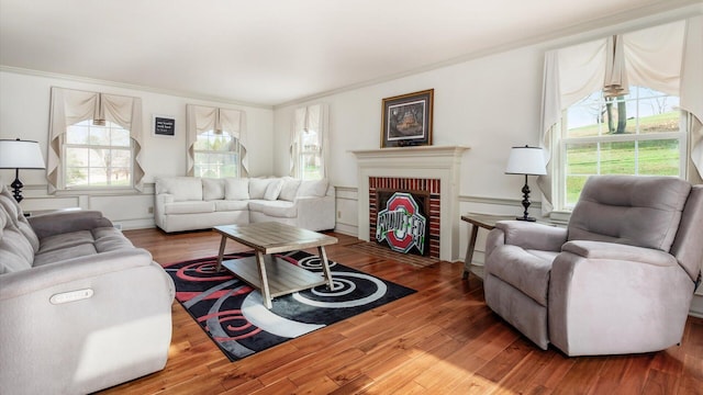 living room featuring hardwood / wood-style floors, plenty of natural light, and ornamental molding