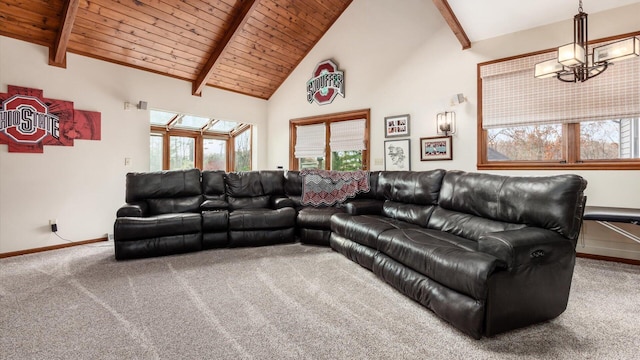 carpeted living room featuring beam ceiling, high vaulted ceiling, and wood ceiling