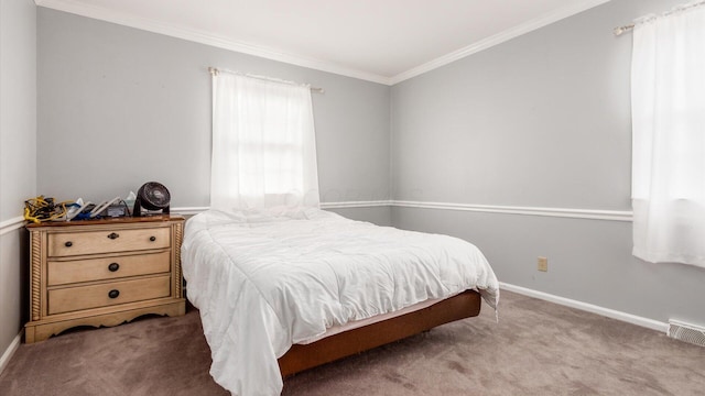 bedroom with crown molding and light carpet