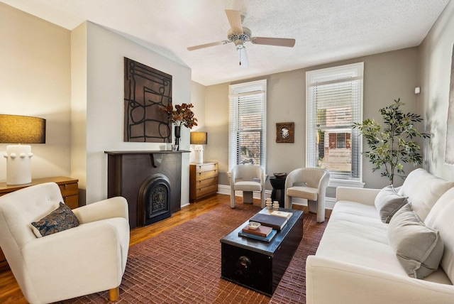 living room with ceiling fan, dark hardwood / wood-style flooring, and a textured ceiling