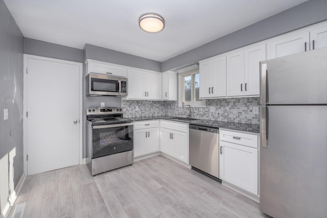 kitchen with white cabinetry, sink, light hardwood / wood-style floors, and appliances with stainless steel finishes