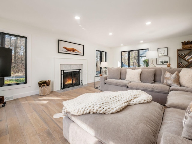 living room with light hardwood / wood-style flooring and a premium fireplace