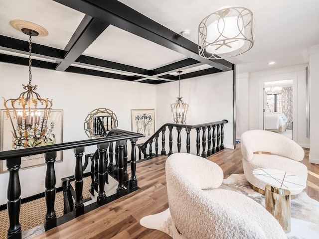 hallway with beamed ceiling, wood-type flooring, and coffered ceiling