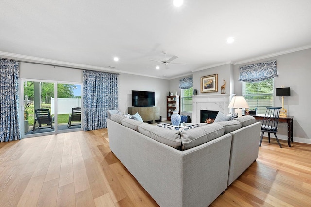 living room with a fireplace, a wealth of natural light, light hardwood / wood-style flooring, and crown molding