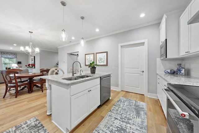 kitchen featuring sink, white cabinetry, a kitchen island with sink, and appliances with stainless steel finishes