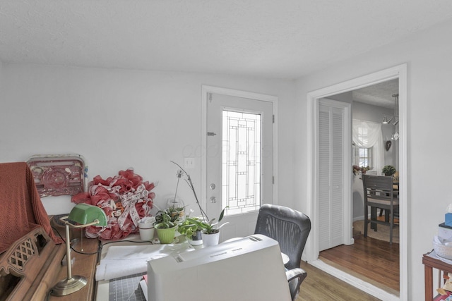 office with lofted ceiling, hardwood / wood-style floors, and a textured ceiling