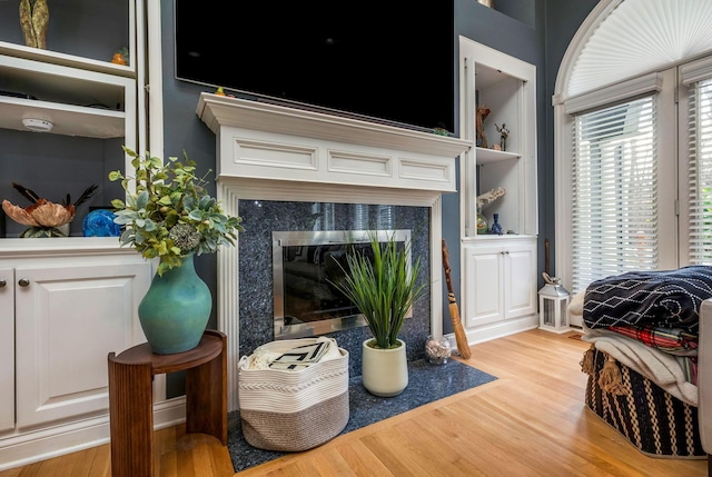 interior space with light wood-type flooring and a fireplace