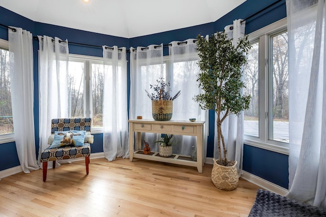 living area with hardwood / wood-style flooring, lofted ceiling, and a wealth of natural light