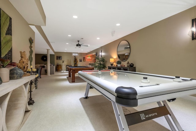 playroom featuring ceiling fan, light carpet, and pool table