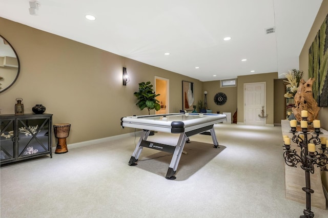 rec room with light colored carpet and billiards