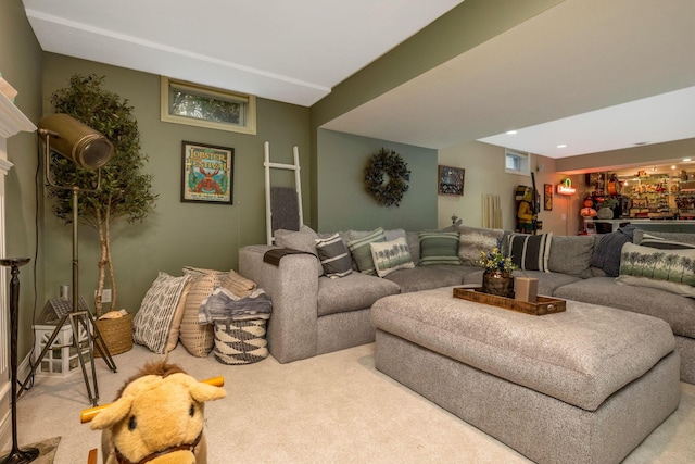 carpeted living room featuring indoor bar