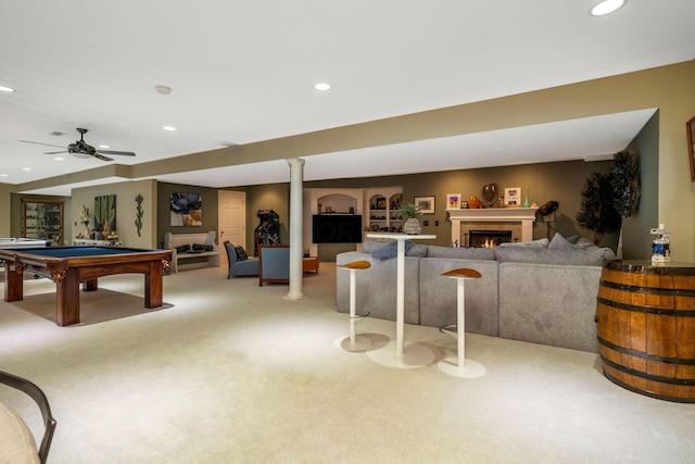 interior space with ceiling fan, light colored carpet, and billiards