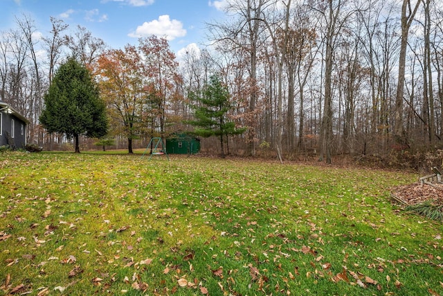 view of yard featuring a storage unit