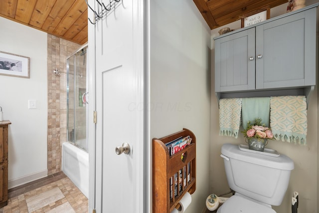 bathroom with shower / bath combination with glass door, toilet, and wooden ceiling