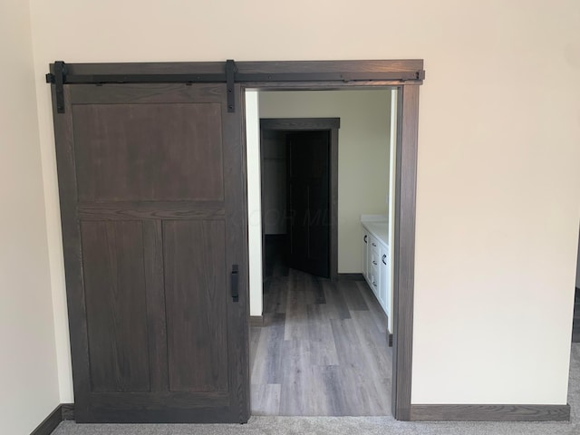 corridor featuring a barn door and wood-type flooring