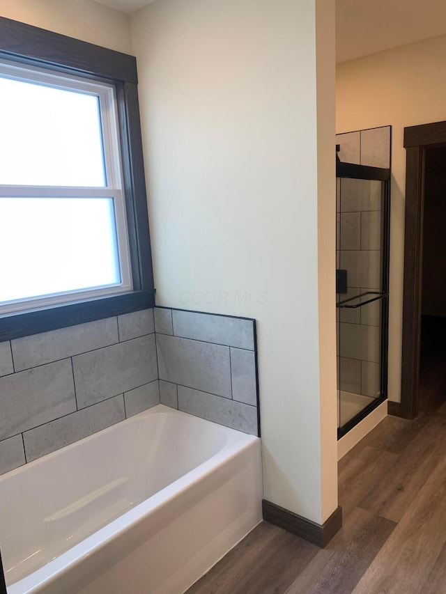 bathroom with plus walk in shower and hardwood / wood-style flooring