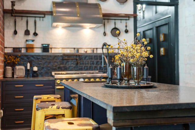 kitchen featuring decorative backsplash, blue cabinets, and exhaust hood