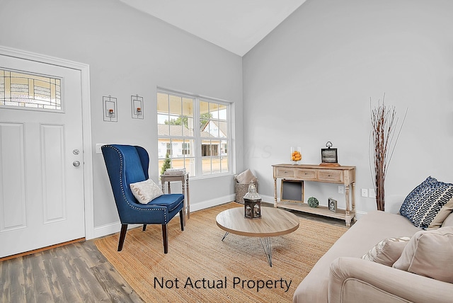 sitting room featuring hardwood / wood-style floors and high vaulted ceiling