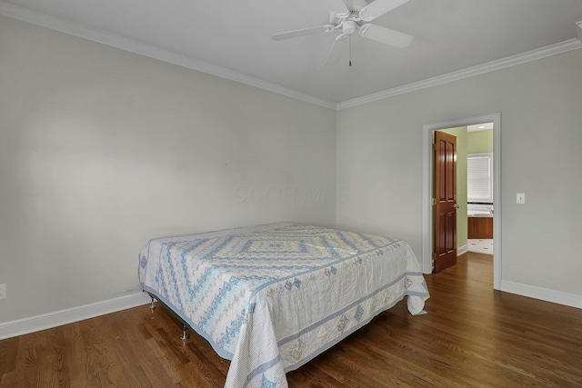 bedroom with dark hardwood / wood-style flooring, ceiling fan, and ornamental molding