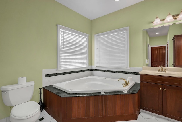 bathroom with a bathing tub, tile patterned flooring, vanity, and toilet