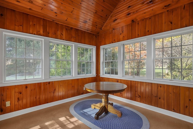 sunroom with wood ceiling and vaulted ceiling