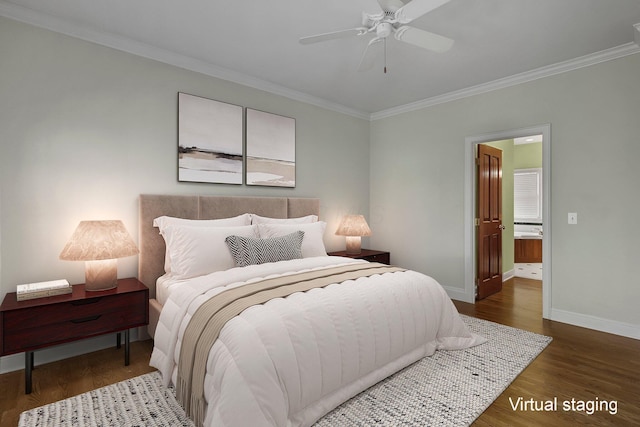 bedroom with connected bathroom, crown molding, ceiling fan, and dark hardwood / wood-style floors