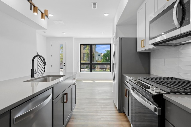 kitchen with sink, gray cabinets, appliances with stainless steel finishes, tasteful backsplash, and light wood-type flooring