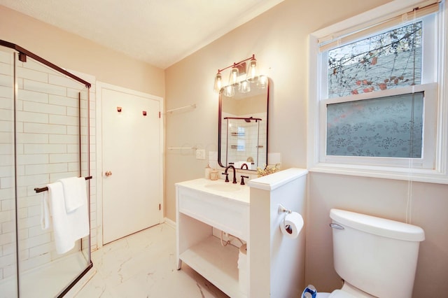 bathroom featuring vanity, toilet, and a shower with door