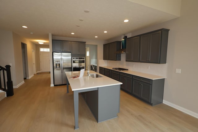 kitchen with light wood-style flooring, backsplash, appliances with stainless steel finishes, and a sink