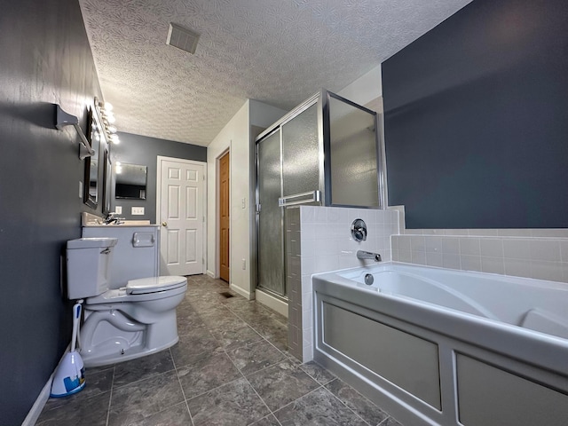 full bathroom featuring a textured ceiling, vanity, toilet, and shower with separate bathtub