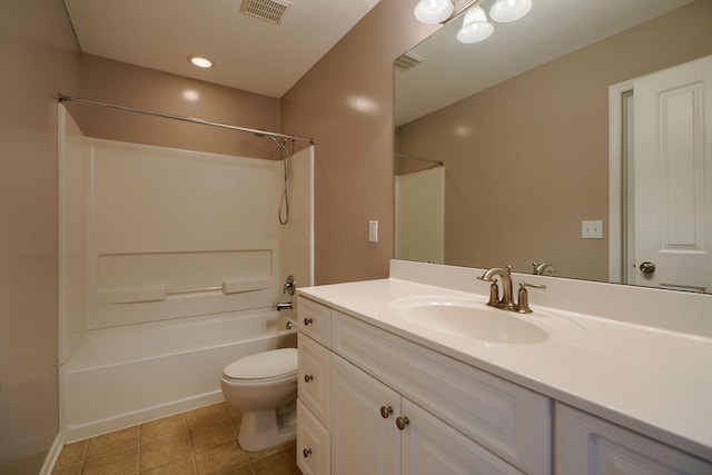 full bathroom with tile patterned floors, shower / bathing tub combination, vanity, and toilet