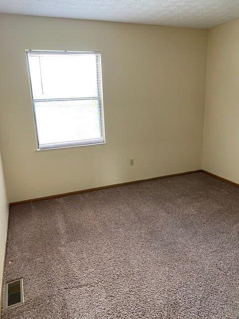 carpeted empty room with a textured ceiling