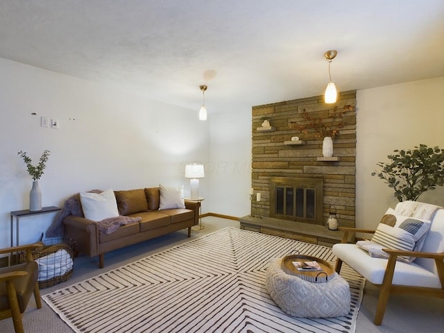 living room with light carpet and a fireplace